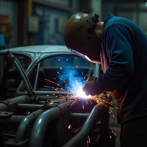 Soudure de précision sur châssis ancien en atelier