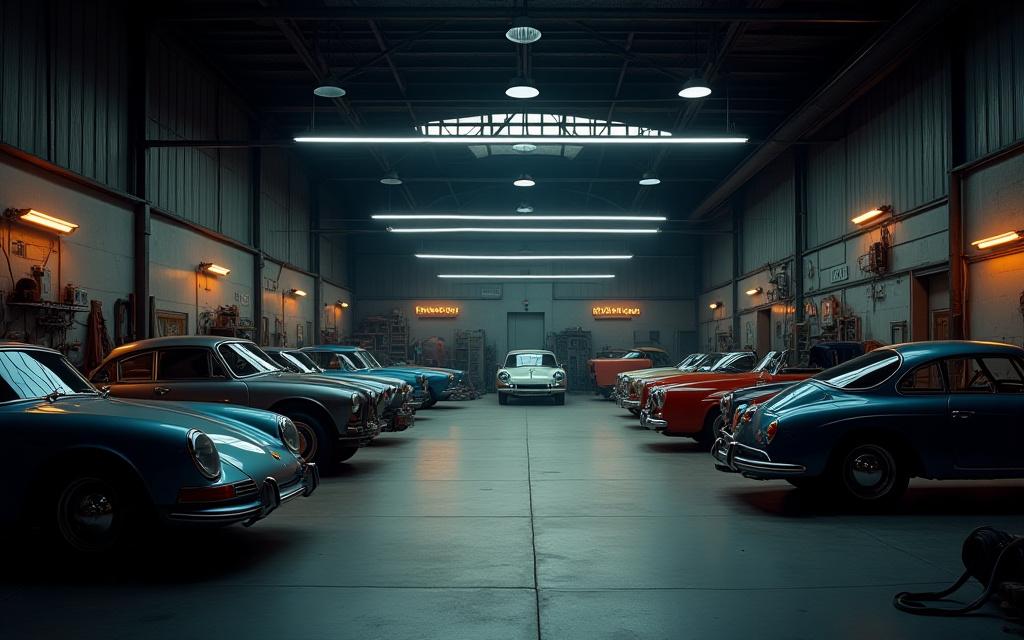 Atelier Ironwagen avec voitures classiques en cours de restauration