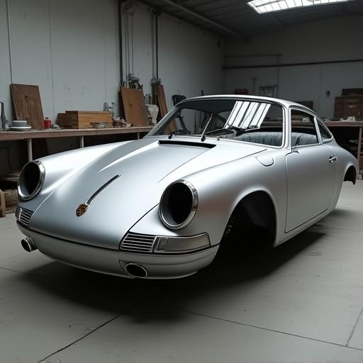Carrosserie de Porsche 911 mise à nu pour restauration
