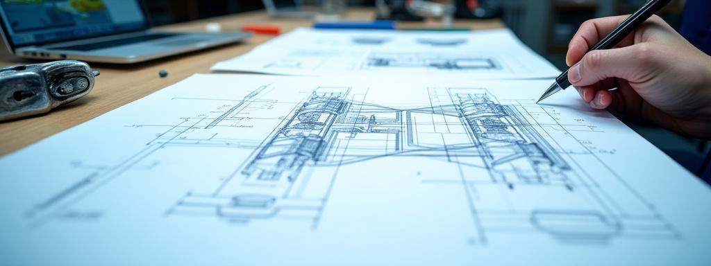 Plan technique et schéma de suspension sur établi d'ingénieur automobile